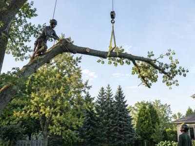 Ground worker lowering a cut section on a rigging line