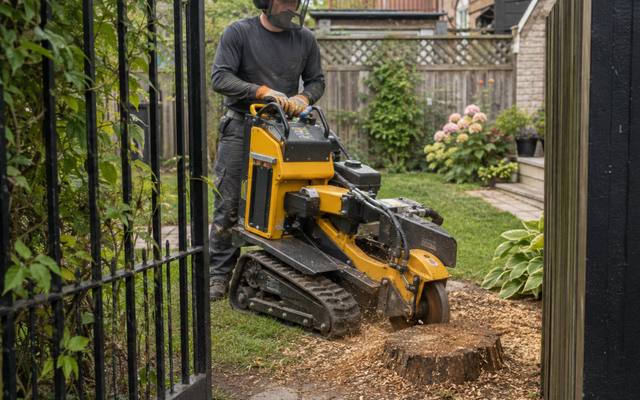 Grinder working a stump in a fenced back garden